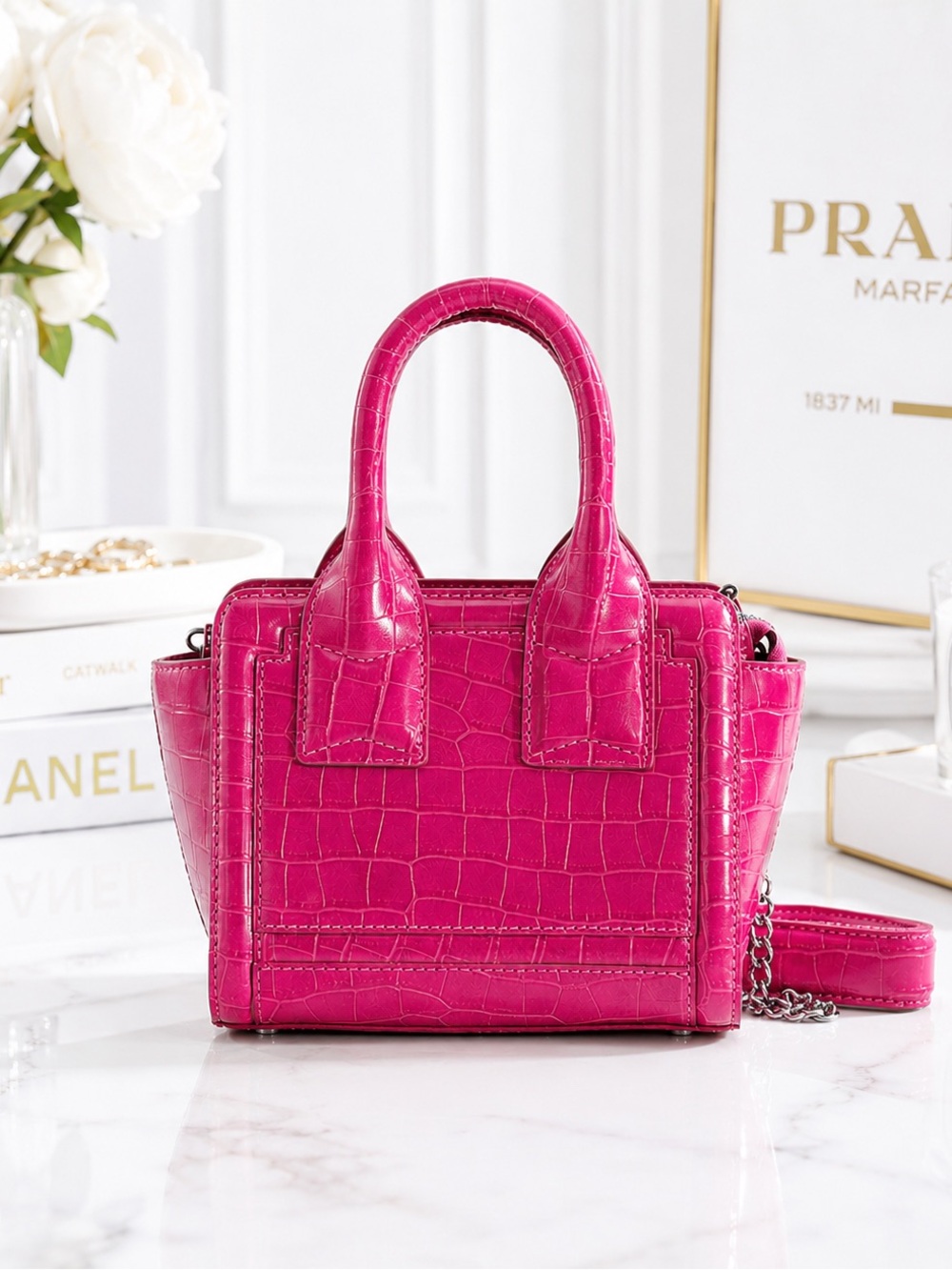 Zara Hot Pink Croc-Embossed Mini Tote Bag